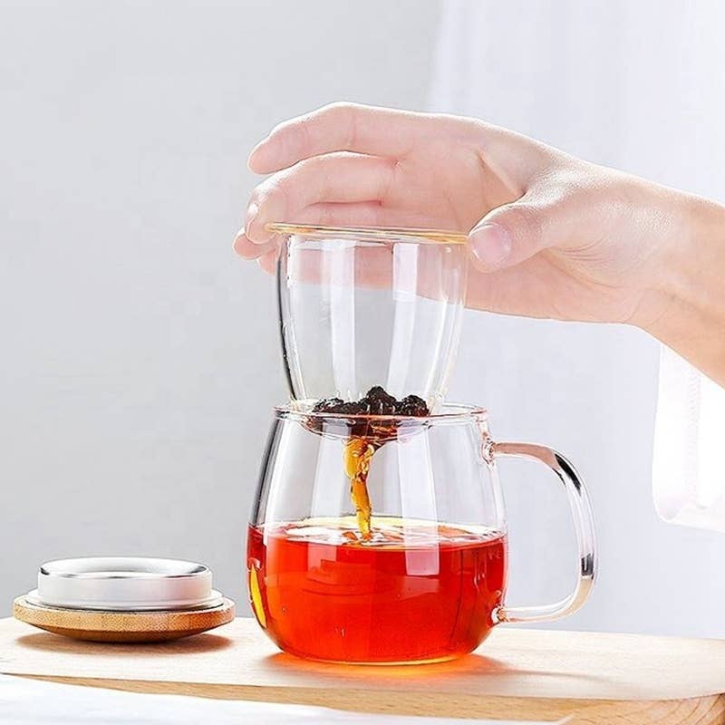 Glass Teacup With Infuser & Bamboo Lid 